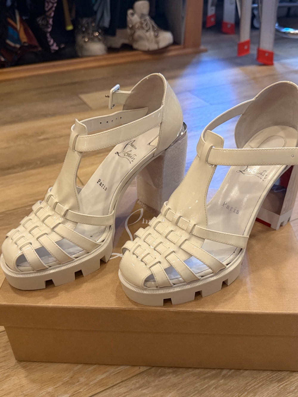 Christian Louboutin white Patent Woven T-Strap Platform Sandals never worn.